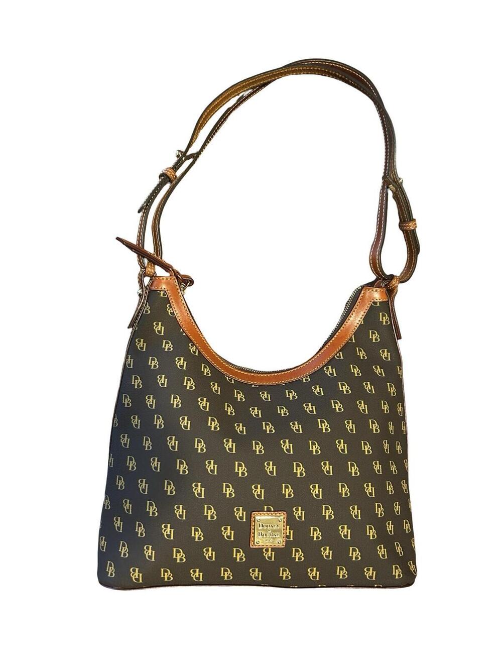 Dooney & Bourke Brown DB Monogram Shoulder Bag Hobo Purse Red Lining